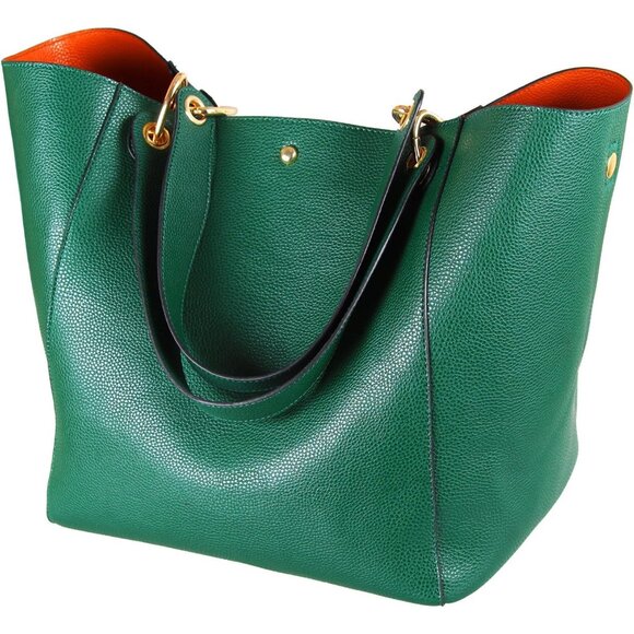 ⚡ Women's Dark Green Large Leather Big Bucket Crossbody Travel Tote Bag - Picture 1 of 7